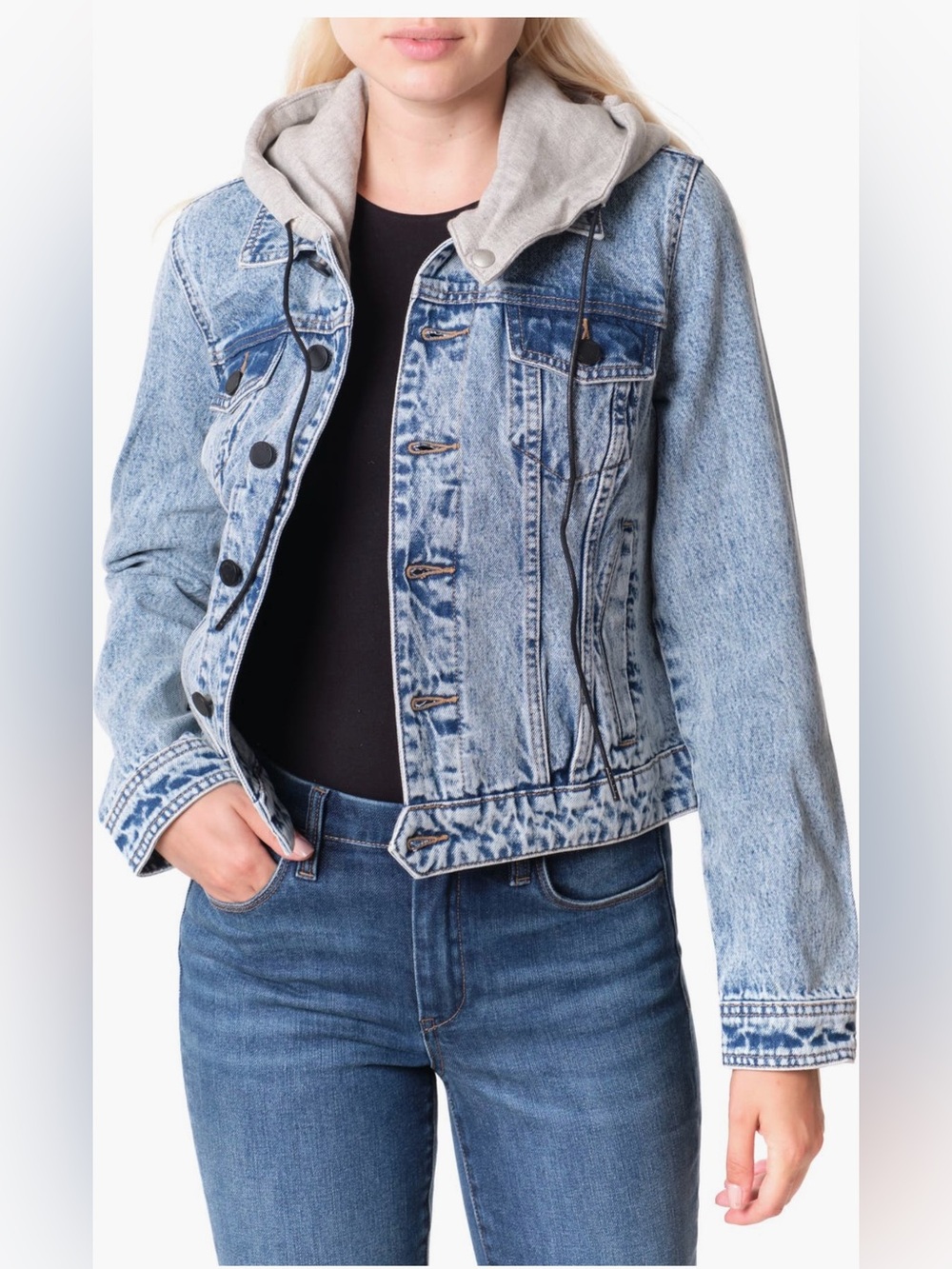 Blank NYC Light Blue Denim Jean jacket with gray hood Women's size small